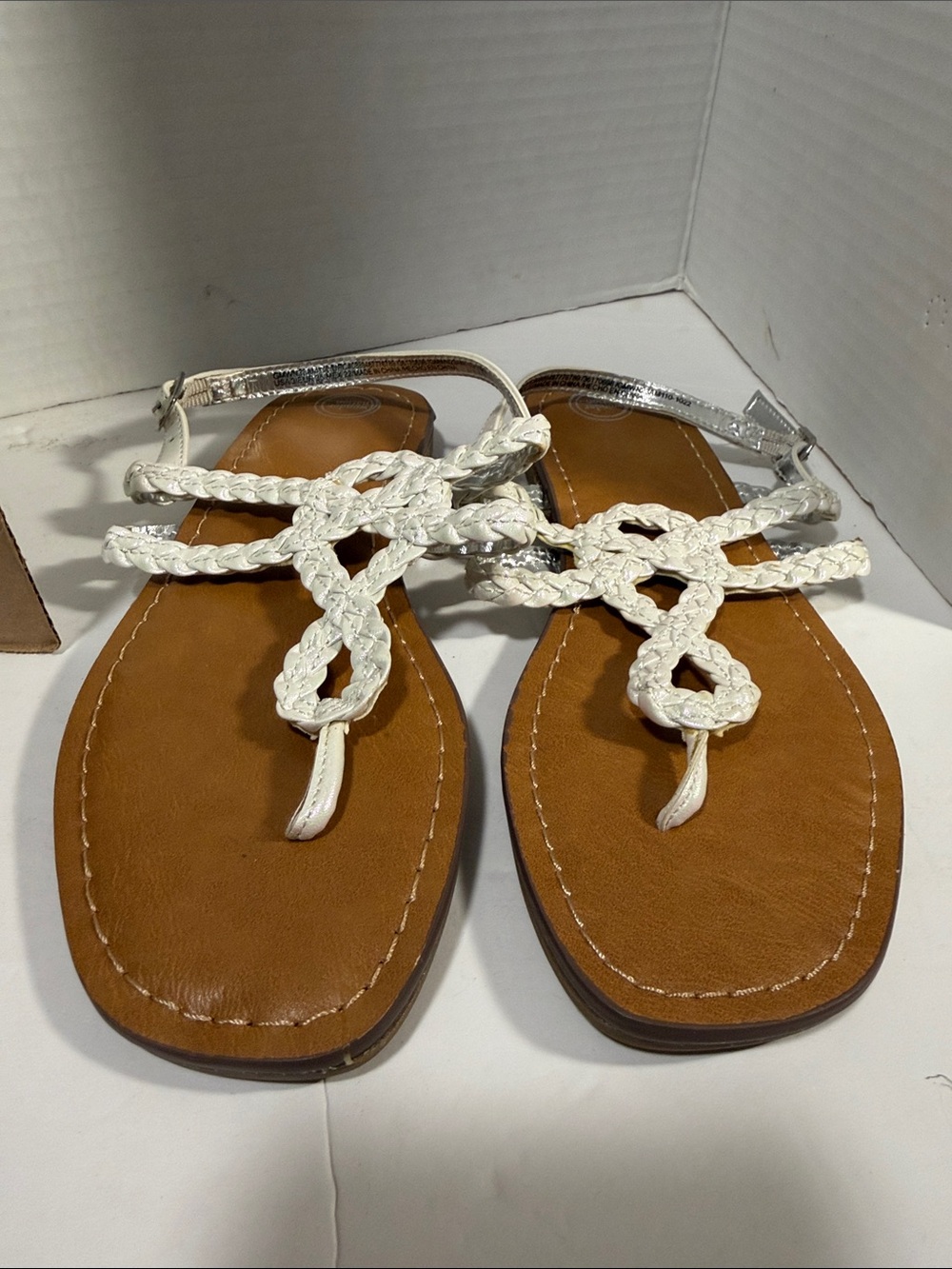 wonder nation White Braided T-Strap Sandals with Tan Footbed